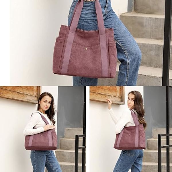 Kvinders Lærred Tote Håndtasker Multi-lomme Retro Casual Skuldertaske Top Håndtag Satchel Tote Pung