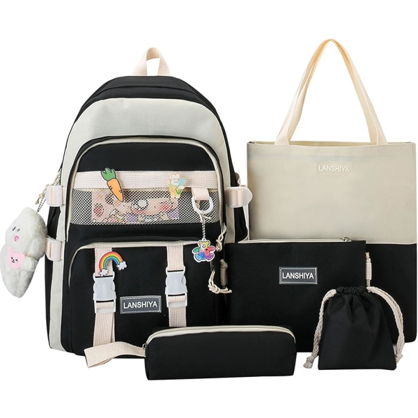 5 st Kawaii ryggsäck Söt ryggsäck Estetisk ryggsäck Preppy ryggsäck Set Kawaii skolmaterial med tillbehör (svart)