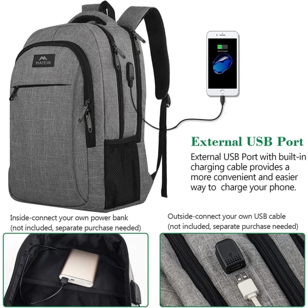 Rejserygsæk til bærbar computer, Anti-tyveri slank, holdbar rygsæk med USB-opladningsport, vandtæt collegetaske til 15,6 tommer notebook, grå