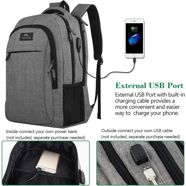 Rejsetaske til bærbar computer, Business Anti Theft Slim Durable Rygsæk med USB-opladningsport, Vandresistent College-taske til 15,6 tommer bærbar computer, Grå