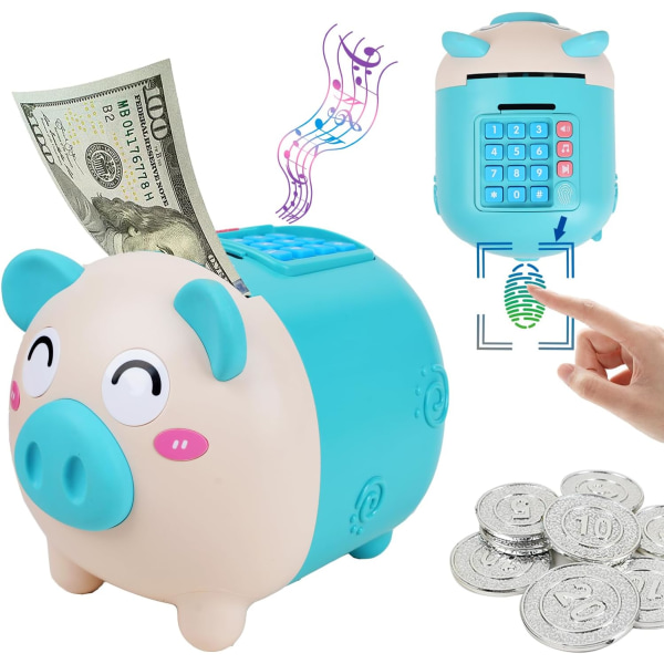 Piggy Bank Cash Myntboks Elektronisk minibank Penge Bank Leker Gaver til 3-12 år gamle barn med fingeravtrykklås og sengetid pianomusikk (blå)