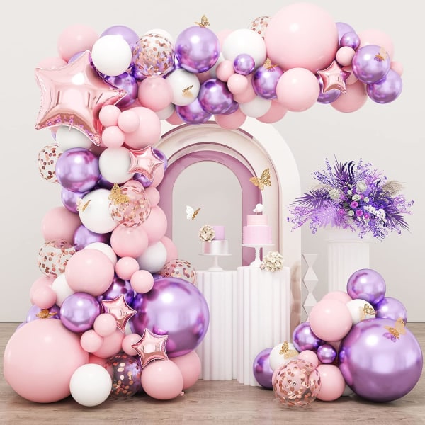 176 stk lyserød lilla ballonguirlande, babyshowerpynt til pige med sommerfugledekorationer Folieballoner til festdekoration