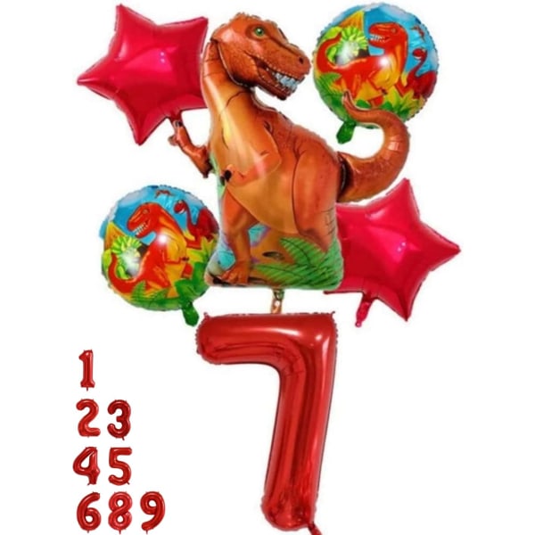 Dinosaur Festpynt Sæt - Nummer 7 Ballon Rød, Dinosaur Balloner, Dinosaur Fødselsdagsdekorationer, Dinosaur Decorations 7th Birthday Party