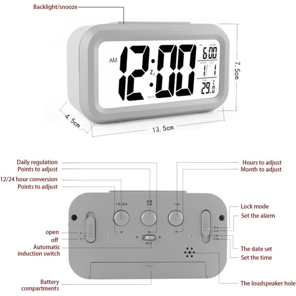 Digital väckarklocka, LED-väckarklocka med temperatur, snooze-funktion, 12/24H-konvertering, kalender, för sovrum, kontor, kök (batteri)