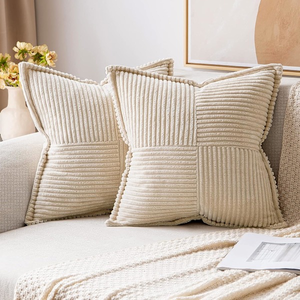 Fløjls pudebetræk med sammenføjning Sæt med 2 bløde Boho stribede pudebetræk Dekorative teksturerede pyntepuder 18x18 tommer, Beige