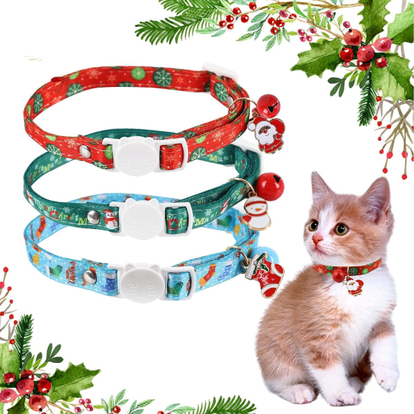 Julekattehalsbånd, 3 stk søde killinghalsbånd med klokker Quick Release sikkerhedshalsbånd med julevedhæng til julegaver til kæledyr