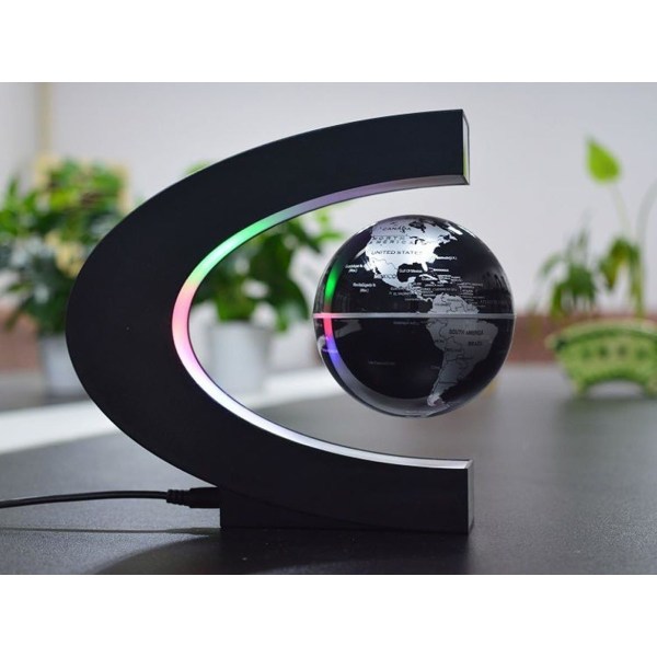 C-form magnetisk levitation flydende globe med LED-lys, verdenskort til skrivebordsdekoration (sort-sølv) Amerikansk standard strømforsyning (US)
