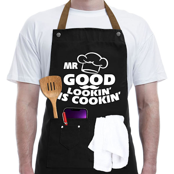 Alla hjärtans dag presenter till make, pojkvän, bror, roliga presenter till pappa, BBQ matlagning kock förkläde 3 fickor, köksgåvor-Mr. Good is Cooking