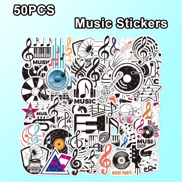 50 stk musikklistermærker, guitar musikalsk vinyl vandtætte klistermærker til vandflasker Laptops Scrapbogguitar til børn, voksne, teenagere, musikelskere