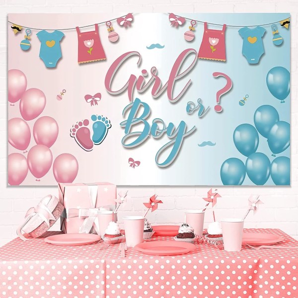 7x5Ft Gender Reveal Bagtæppe Ballon for dreng eller pige, pink eller blå ballon Køn afslører Festdekoration Kage Bord Banner Polyester stof