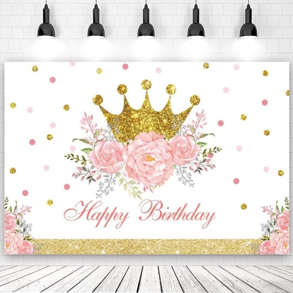 7x5ft Happy Birthday Baggrund til Piger Prinsesse Fødselsdagsfest Dekoration Baggrund Gylden Krone Pink Blomster Guld Plet Fest Banner Foto