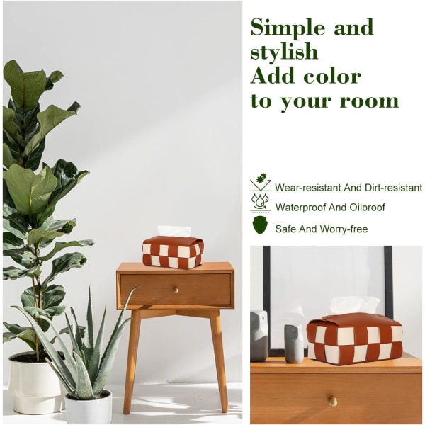 Rektangulær vævsboksholder, moderne PU-læder, stilfuldt skakternet til stuen, dekorativ hylde, bordplade på badeværelset, sengebord, skrivebord (brun)