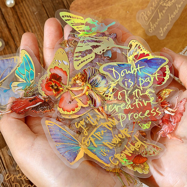 Fairy guldfolie holografiske klistermærker (120 4 temaer) harpiks gennemsigtig vandtæt sommerfugl blomst retro brev klistermærker scrapbog bullet notesbog