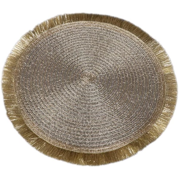 Set med 2 runda vävda placemats, platt stil, med tofs - 38 cm, guld