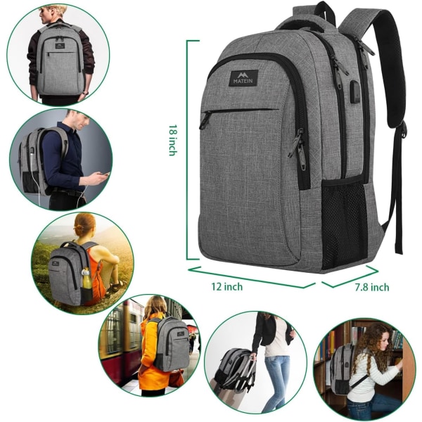 Rejserygsæk til bærbar computer, Anti-tyveri slank, holdbar rygsæk med USB-opladningsport, vandtæt collegetaske til 15,6 tommer notebook, grå