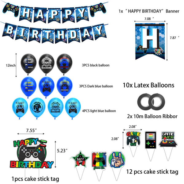 Videospel Party Tillbehör Set Födelsedag Dekoration för Pojkar - Inklusive HAPPY BIRTHDAY Gamer Banner, Controller Ballonger, 20 st Latexballonger