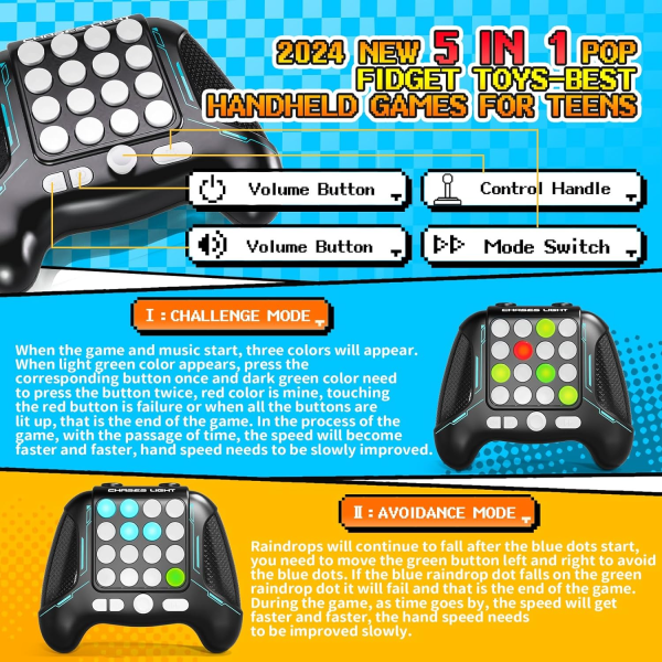 Fast Push Game Pop Fidget Toys Handheld, 5 Mode In 1 Flashing Handheld, 2024 Uusi elektroninen aivo- ja muistipeli Quick Push Buttons -peliohjain SETM-lelut
