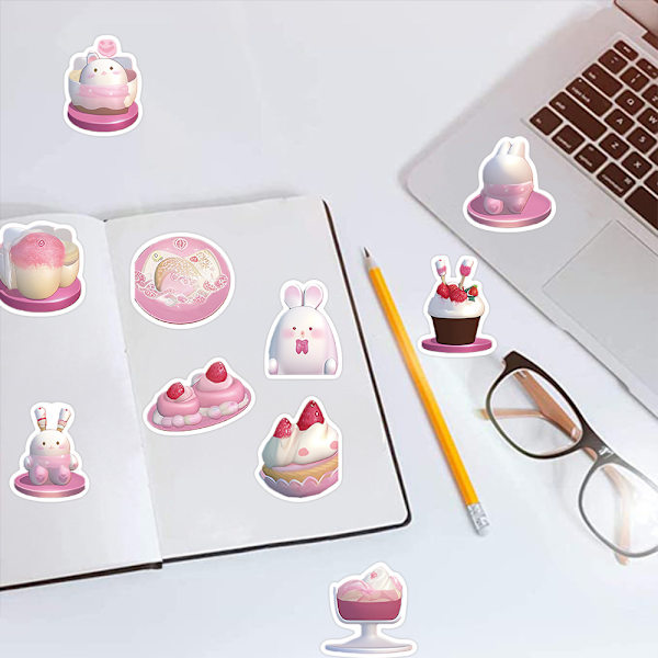 49 stk. Kawaii klistermærker, vandtætte vinyl lyserøde kanin klistermærker til bærbar computer vandflaske Hydro Flask Scrapbooking Journaling, æstetiske søde klistermærker