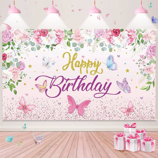 Butterfly Happy Birthday -banneri, vaaleanpunaiset perhoskoristeet Perhonen tausta juhlakoristeisiin, perhosen syntymäpäiväjuhlatarvikkeet, 72,8"x43,3"