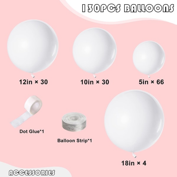 130 STK hvite ballonger forskjellige størrelser 18" 12" 10" 5" ballongkransbuesett perfekt for bursdagsfest