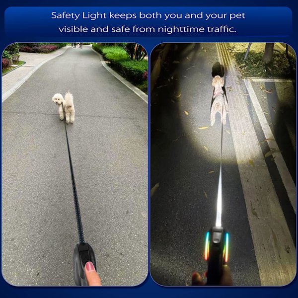Retractable-koiranhihna - 16 jalan pituinen rullahihna LED-valolla - Ladattava, sotkeutumaton ja liukumaton kädensija kävelyhihna (musta)