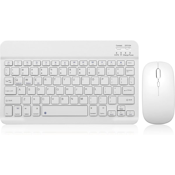 Bluetooth tastatur og mus Combo Oppladbart bærbart trådløst tastatur Musesett for iPad Tablet Windows (10 tommer hvit)