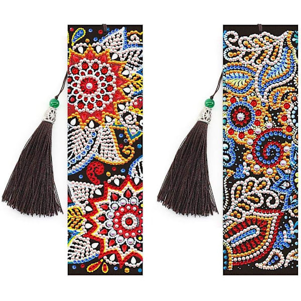5D Diamantmålning Bokmärke Blommig DIY Pärlbokstavsmarkör Läder Tassel Bokmärke Konst Hantverk (2 Pack)(Blommor)
