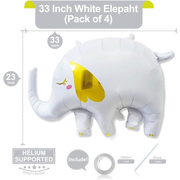 33 Inch White Elepaht Balloons Foil Helium Animal Balloons Cartoon Animal Cute Elephant Balloons for Baby Shower Party Party Decorations Pack of 4