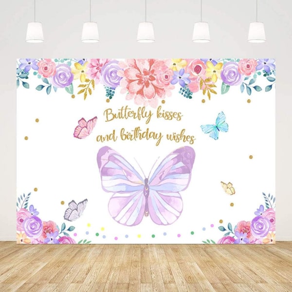 Butterfly Syntymäpäivä Tausta Perhosjuhlakoristelu Purppura vaaleanpunainen kukka Perhosen suudelmia ja Syntymäpäivätoivotuksia Valokuvaus Tausta Banneri 7x5ft