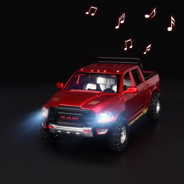 RAM 1500 Pickup Truck Legetøj til Drenge i Alderen 4-7 Støbt Metal Model Biler Åbne Døre Træk Tilbage Legetøjsbiler med Lys og Lyd Gave, Rød