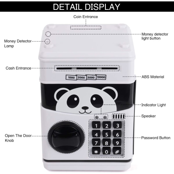 Elektroninen Panda Piggy Bank for Kids Cash Cartoon ATM Money Saver Bank lapsille salasanalla ja musiikilla Upea lahjalelu (musta)