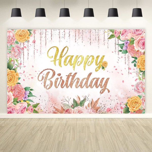 150x100cm,Pink Happy Birthday Backdrop, Floral Gold Glitters Birthday Banner with Rose Flower Birthday Decorations