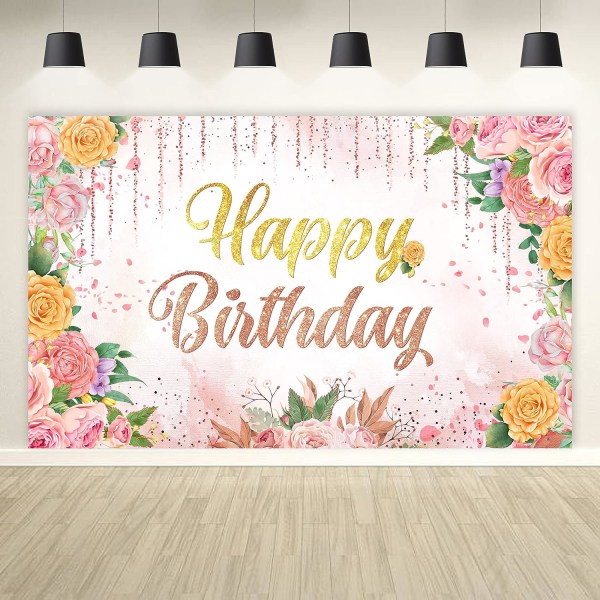 210x150 cm, rosa Grattis på födelsedagen, blommigt guld glitter födelsedagsbanner med rosenblomma födelsedagsdekorationer