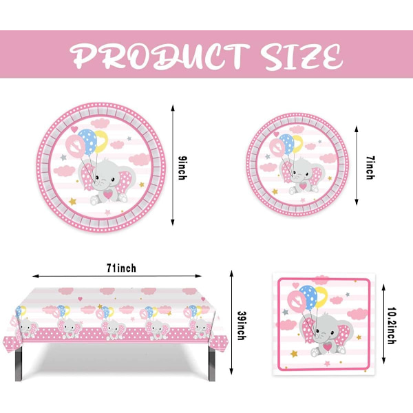 Söta rosa elefanttillbehör Elefanttema Baby Shower Bordsartiklar Set inklusive papperstallrikar, servetter och duk (rosa)