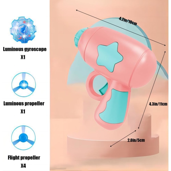 3-i-1 flygende disk-skyter leketøy for barn med 1 flygende tallerkenpistol, 4 katteparachute, 1 lysende propell, gyroskopspill (rosa stil)