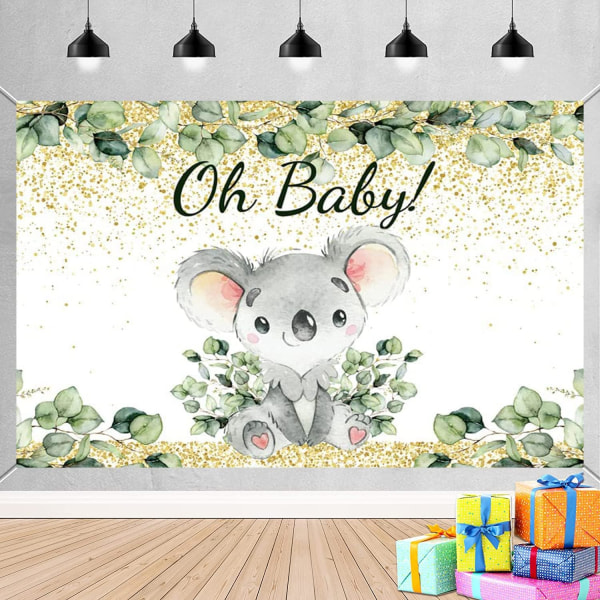 Koala Oh Baby Baggrund Guld Eukalyptus Løv Baby Shower Baggrunde Dekorationer Køn Afsløring Fest Banner Fotografi Baggrund