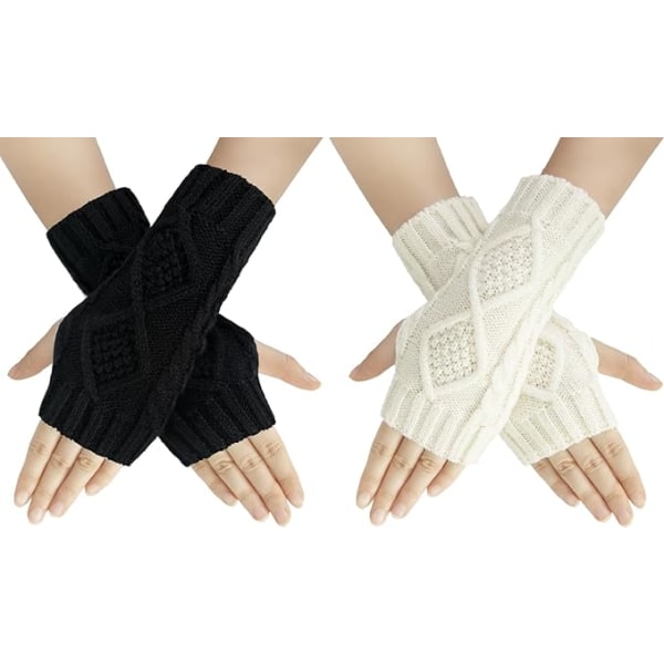 2 Pairs Half Finger Gloves Mittens Women's Gloves Winter Knitted Warm Simple Elegant,A