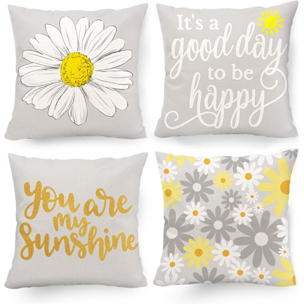 Våren Sommar Kuddfodral 18x18 Set om 4, Gul Grå Dekor Solros Kasta Kuddfodral 18x18 Inomhus Utomhus för Soffa Soffa Kudde för Hem