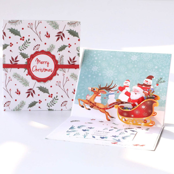 Julepopup-kort, 3D-håndlagde nisse- og hjortevogn-hilsenskort, jule-jul-vinter nyttår-pop-up-hilsenskort-inkludert konvolutt og notatetikett