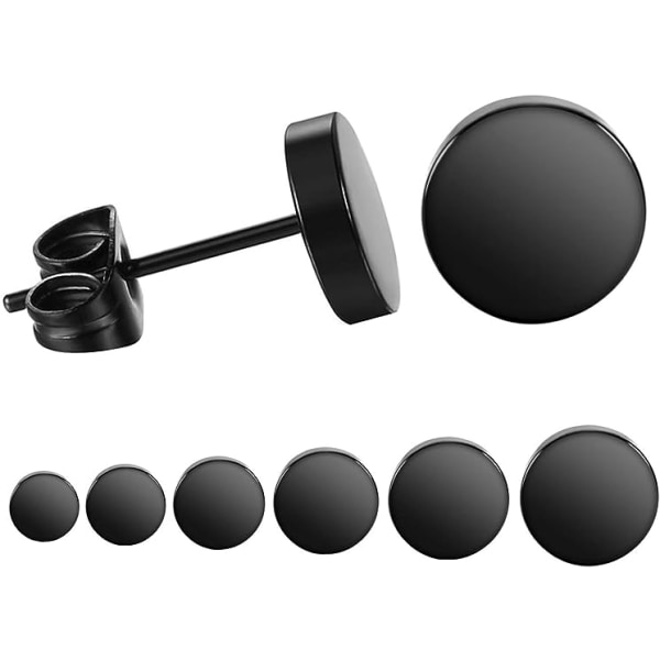 Svarte runde øredobbersett i rustfritt stål for menn kvinner 6 par 3 mm-8 mm … (svart)