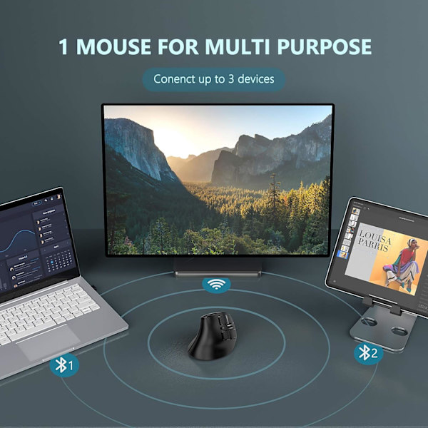 Ergonomisk mus, trådløs vertikal mus - Genopladelig optisk mus til multifunktionel brug, kompatibel med Mac og Windows-computere - Sort