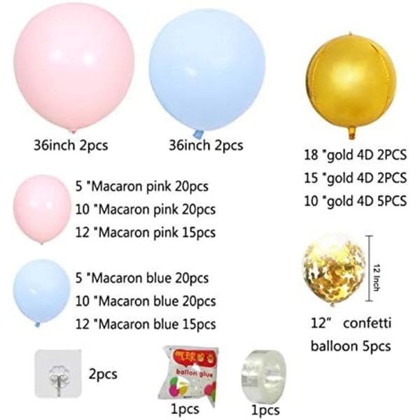 132stk Ballongbue & Girlandersett 5\"-36\" Rosa Blå Ballong Gull Konfettifylte Ballonger 16ft for Bryllup Baby Shower Bursdagsfest Butikkdekorasjon