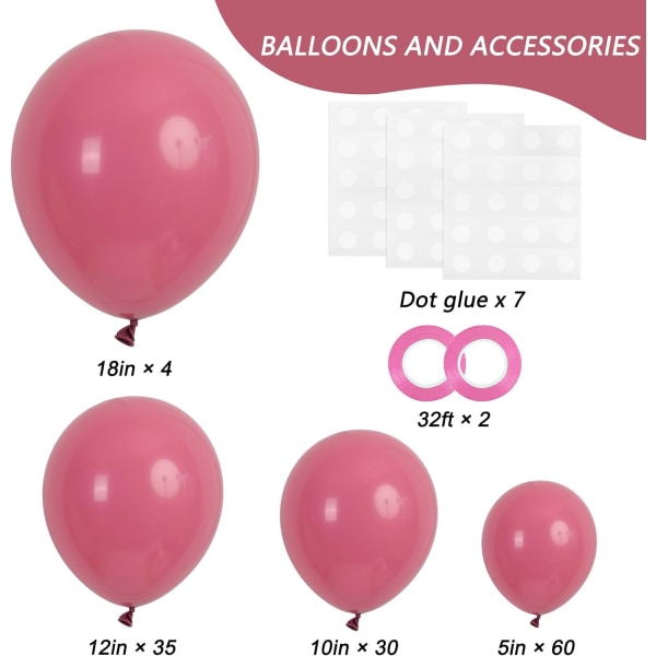 129pcs Retro Hot Pink Balloons Latex Balloons Different Sizes 18 12 10 5 Inch Party Balloon Kit