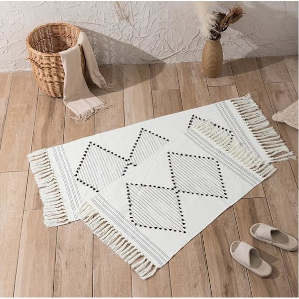 Boho køkkentæppe, vaskbart, sort, vævede kvaster, bomuld, polstring, rektangulært, blødt, entre, vaskerum, hvidt, 60 x 90 cm
