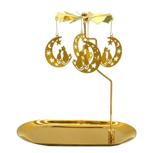 Pyörivä kynttilänjalka tarjottimella, Glod Carousel -kynttilänjalka, pyörivä metallinen teevalokynttilänjalka pöydän keskiosaan (Gold Moon Cat)