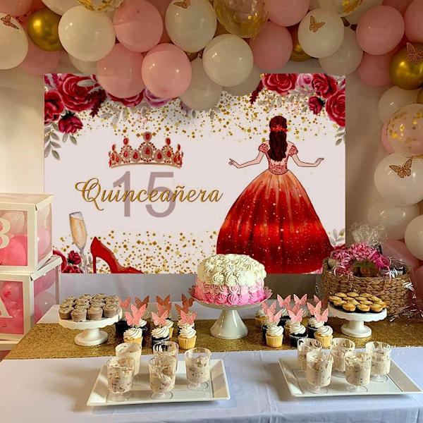 15-vuotiaan syntymäpäivän tausta tytöille Miss Quince 15 vuotta vanha juhlatausta Punainen kukka Mekko Prinsessa Viisitoista tausta Banneri 7x5ft