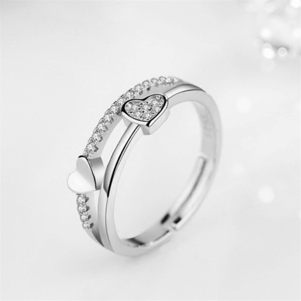 Kvinner Dobbeltlags Hjerteform CZ Krystallring Rose Gull Sølv 2 Farger Simulert Diamond Ring Åpningsring, Sølv,1 Stk