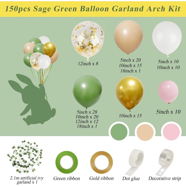 150pcs Sage Green Pink Balloon Garland Arch Kit, Olive Green Blush Peach Gold Balloons with Artificial Ivy for Party Decorations