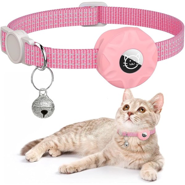 AirTag kattehalsbånd, indbygget reflekterende halsbånd med AirTag-holder, GPS til killinger og hvalpe - Kattehalsbånd med justerbar klokke - Pink