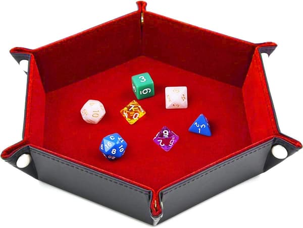 Hexagonal Vikbar Tärningsbricka PU Läder Vinröd Sammet för Dungeons and Dragons RPG Gaming D&D och Andra Brädspel